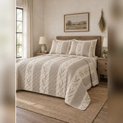 Warm Neutral Ticking Farmhouse Quilt Set, angled farmhouse bedroom bedroom view