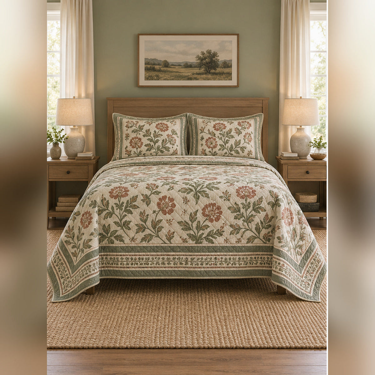 Sage Woodblock Floral Farmhouse Quilt Set, front farmhouse bedroom bedroom view