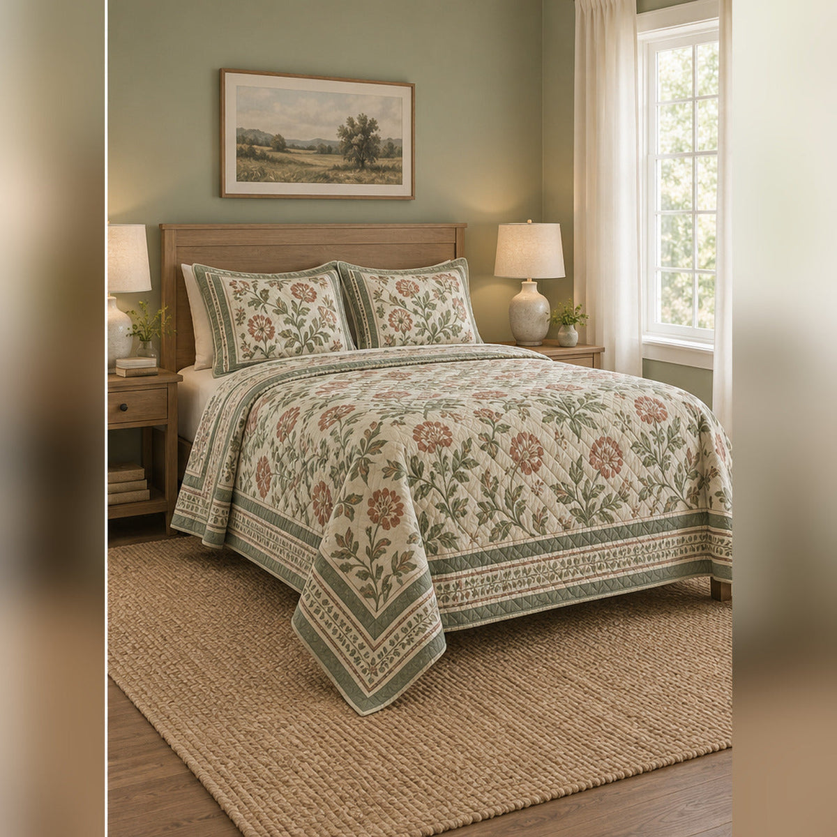 Sage Woodblock Floral Farmhouse Quilt Set, angled farmhouse bedroom bedroom view