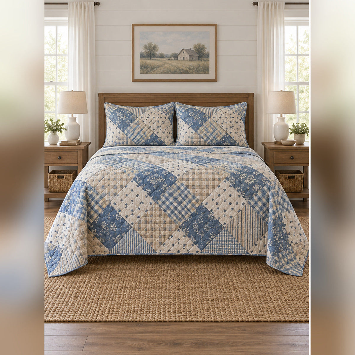 Blue and Beige Farmhouse Patchwork Print Quilt Set, front farmhouse bedroom bedroom view