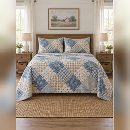 Blue and Beige Farmhouse Patchwork Print Quilt Set