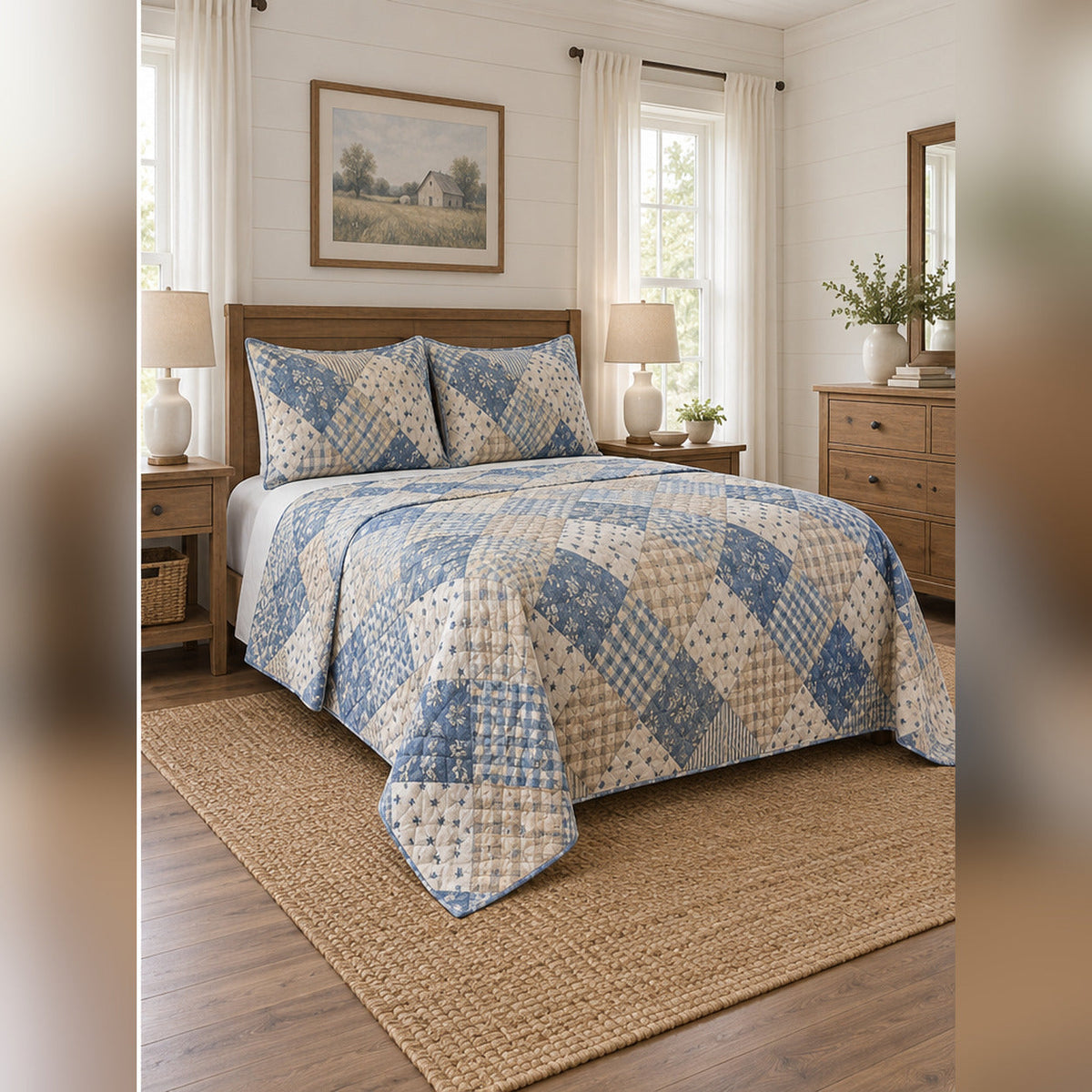 Blue and Beige Farmhouse Patchwork Print Quilt Set, angled farmhouse bedroom bedroom view