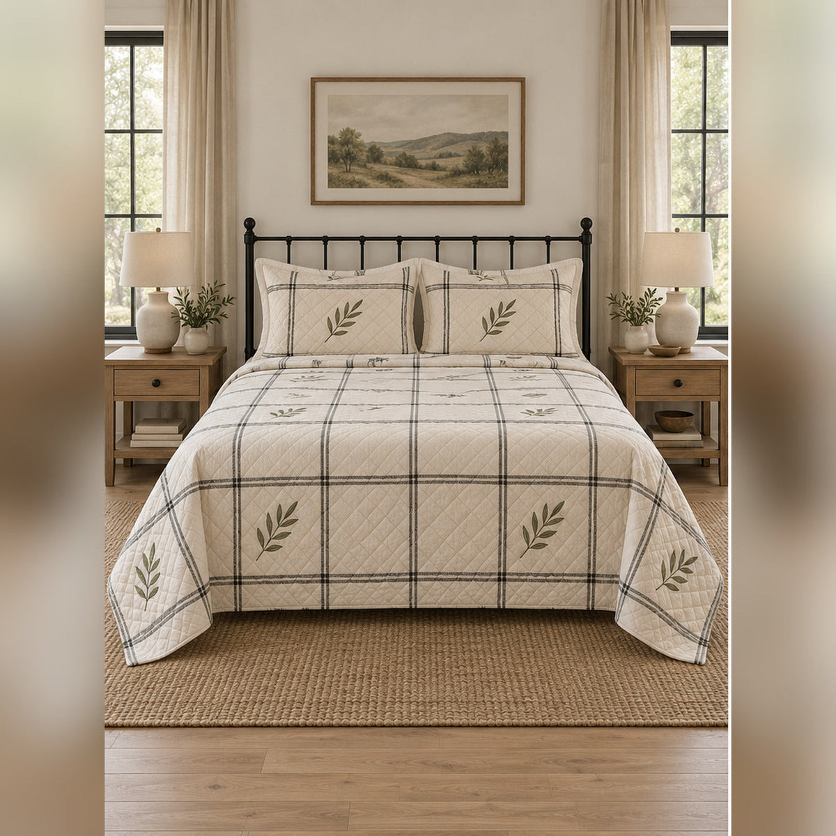 Black and Cream Modern Farmhouse Quilt Set, front farmhouse bedroom bedroom view