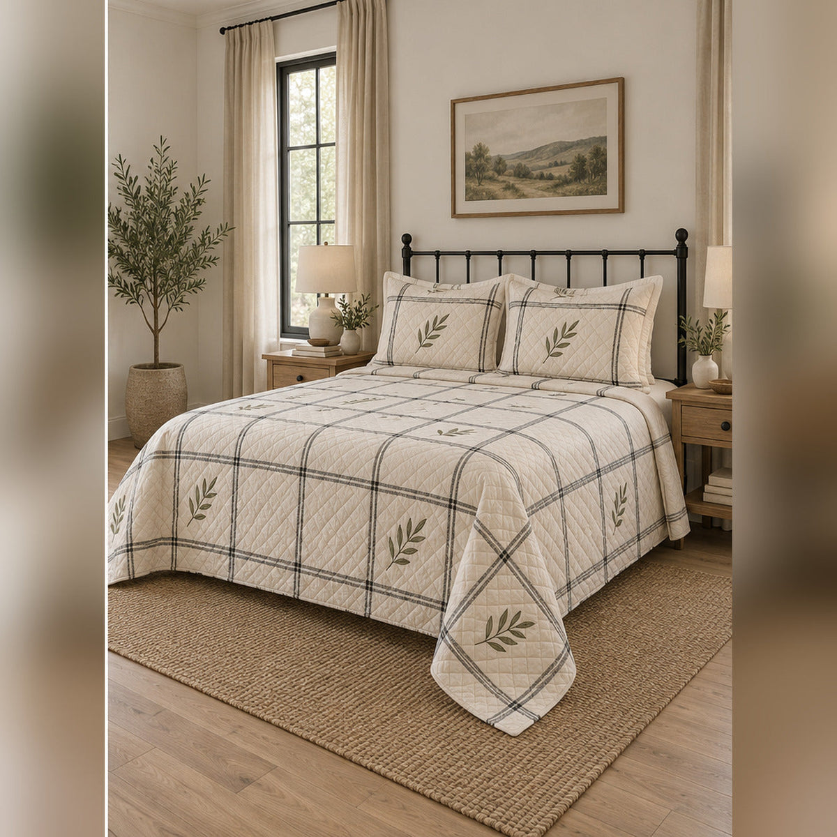 Black and Cream Modern Farmhouse Quilt Set, angled farmhouse bedroom bedroom view