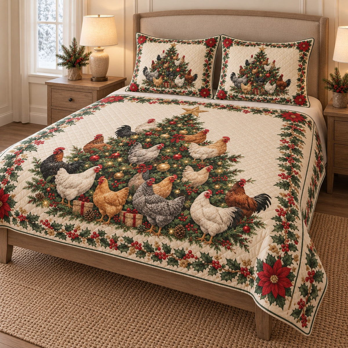 Christmas Chicken Tree & Poinsettia Farmhouse Quilt Set: angled bedroom view showing the quilt artwork and coordinating shams