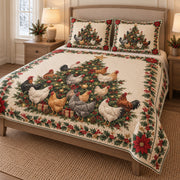 Christmas Chicken Tree & Poinsettia Farmhouse Quilt Set: angled bedroom view showing the quilt artwork and coordinating shams