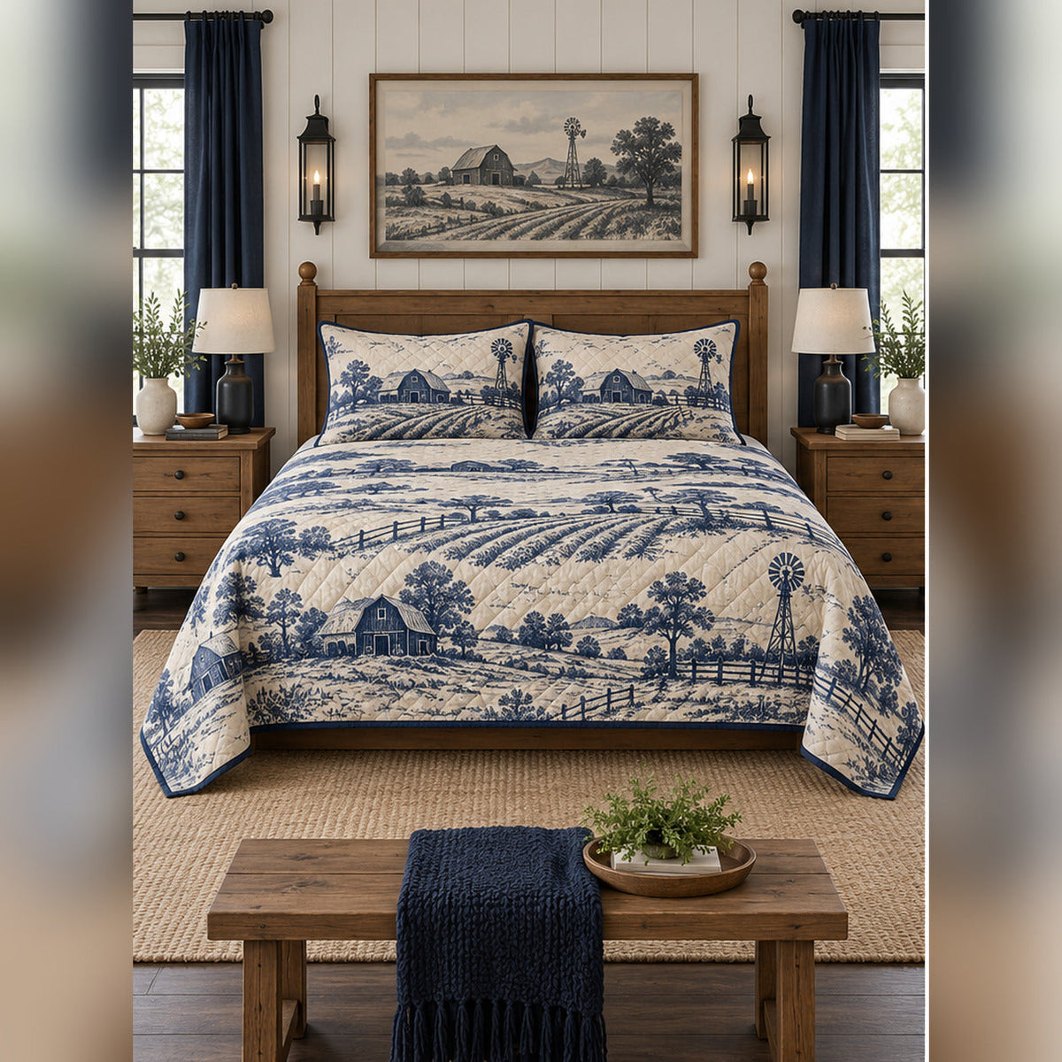 Indigo Farm Landscape Toile Inspired Quilt Set, front farmhouse bedroom bedroom view