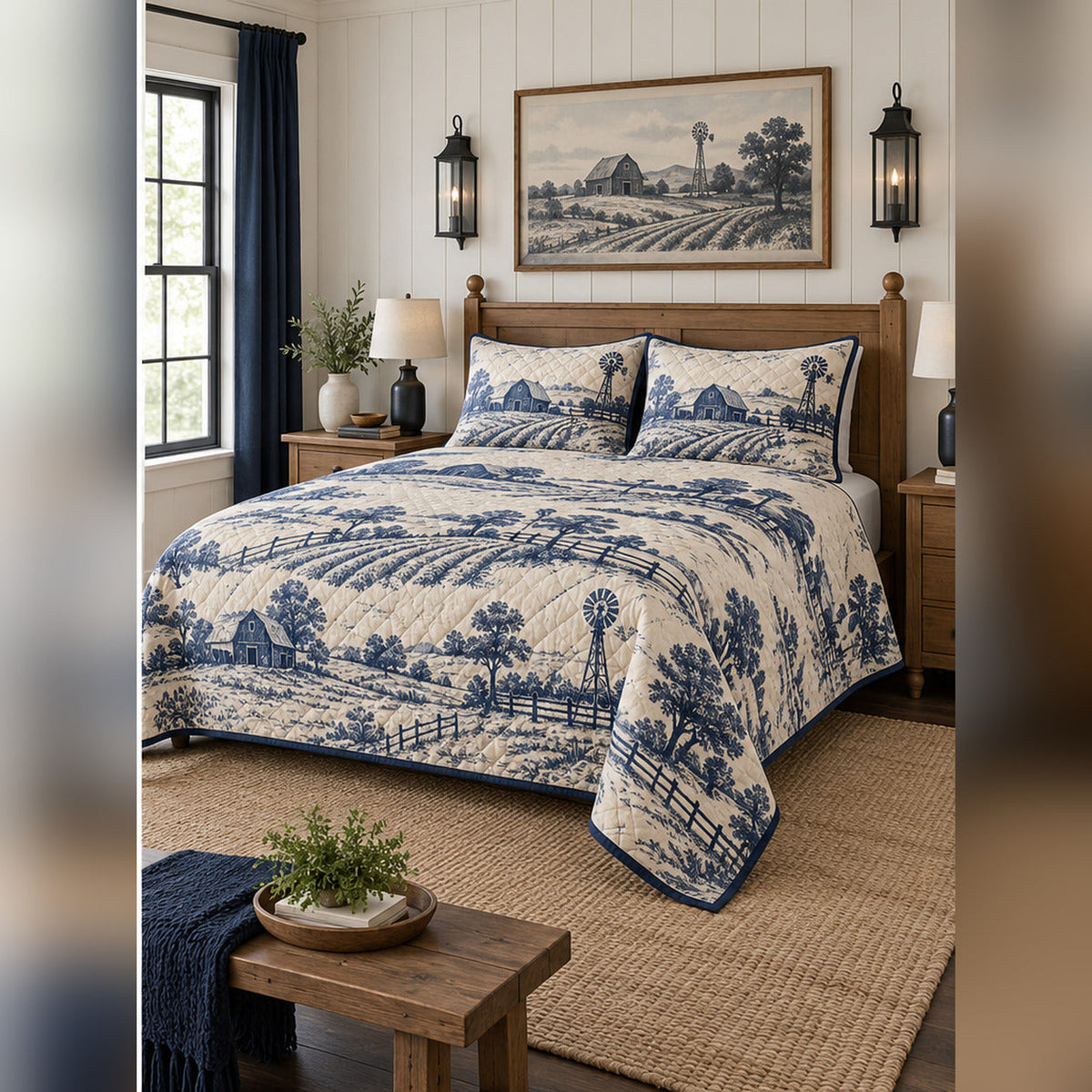 Indigo Farm Landscape Toile Inspired Quilt Set, angled farmhouse bedroom bedroom view