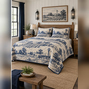 Indigo Farm Landscape Toile Inspired Quilt Set, angled farmhouse bedroom bedroom view