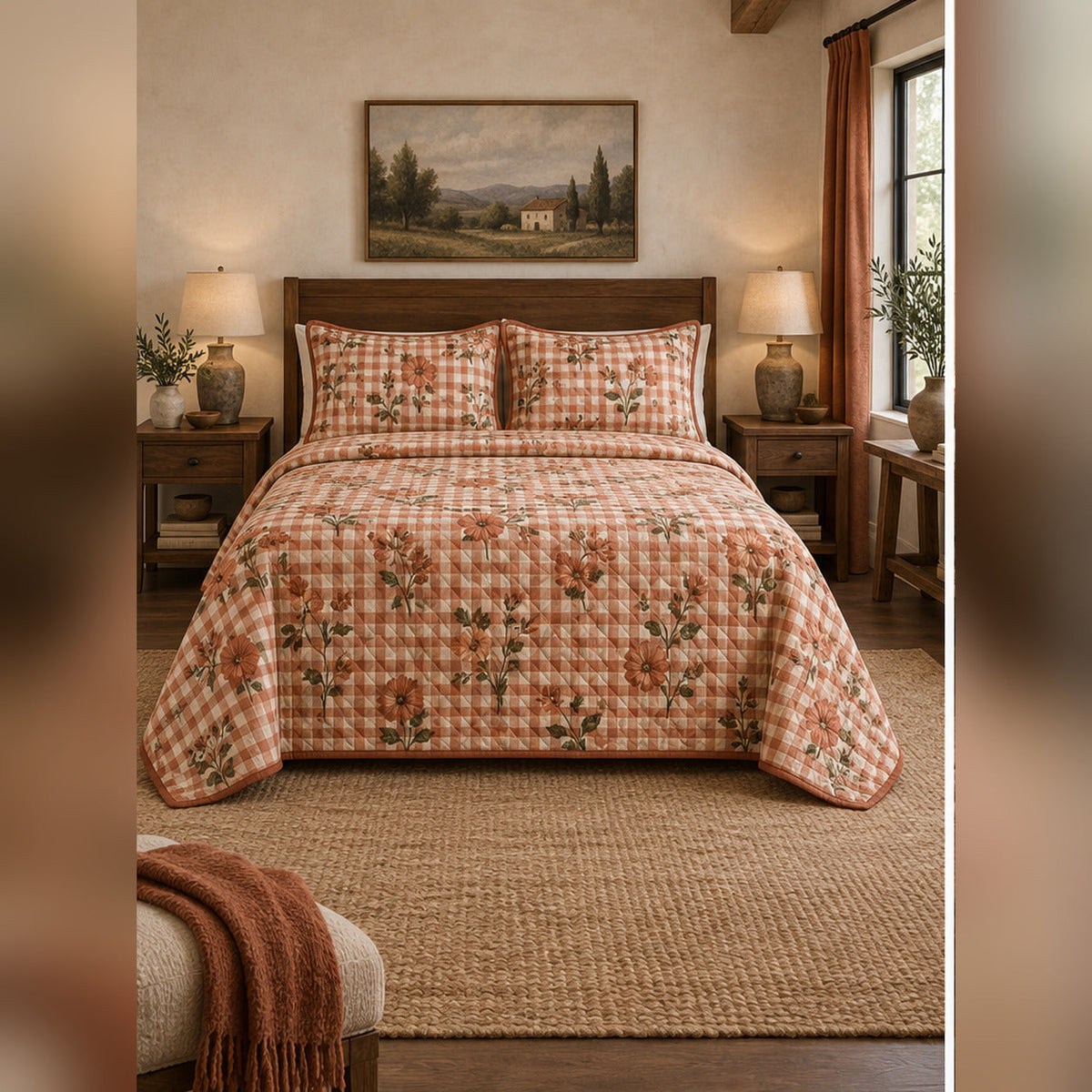 Terracotta Gingham Garden Quilt Set, front farmhouse bedroom bedroom view