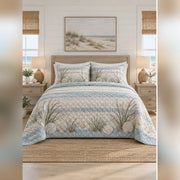 Coastal Blue Farmhouse Quilt Set, front farmhouse bedroom bedroom view