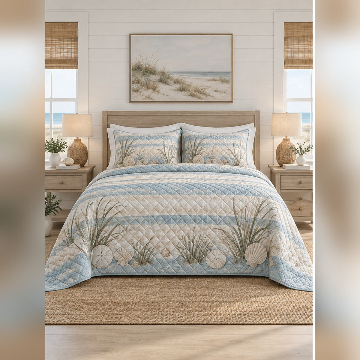 Coastal Blue Farmhouse Quilt Set, front farmhouse bedroom bedroom view