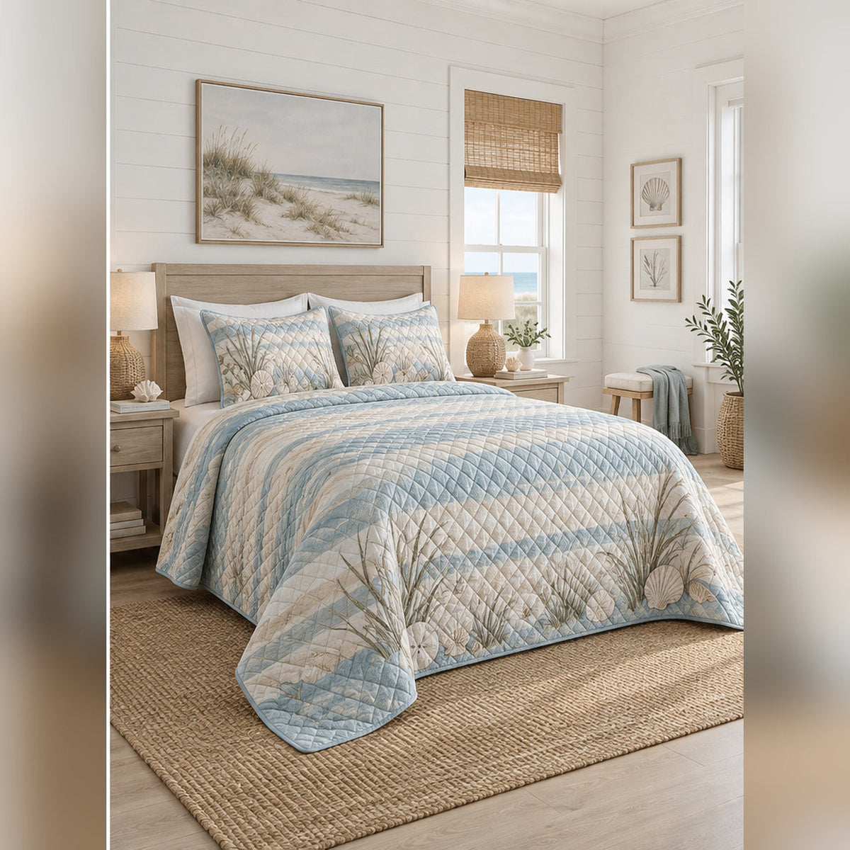 Coastal Blue Farmhouse Quilt Set, angled farmhouse bedroom bedroom view