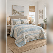 Coastal Blue Farmhouse Quilt Set, angled farmhouse bedroom bedroom view