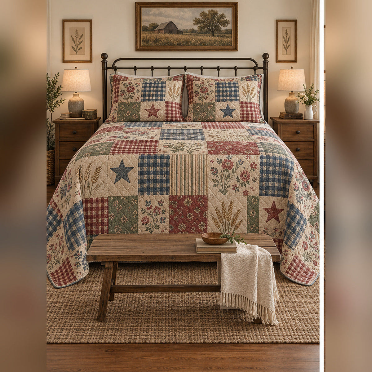 Heirloom Farmhouse Patchwork Print Quilt Set, front farmhouse bedroom bedroom view