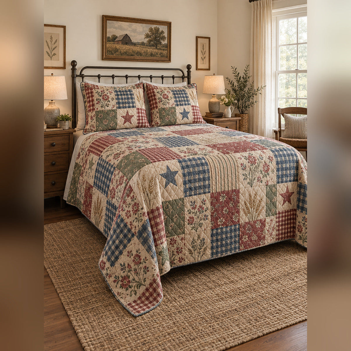 Heirloom Farmhouse Patchwork Print Quilt Set, angled farmhouse bedroom bedroom view