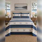 Navy Stripe and Paddle Lake House Quilt Set, front lake house bedroom bedroom view