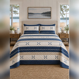 Navy Stripe and Paddle Lake House Quilt Set