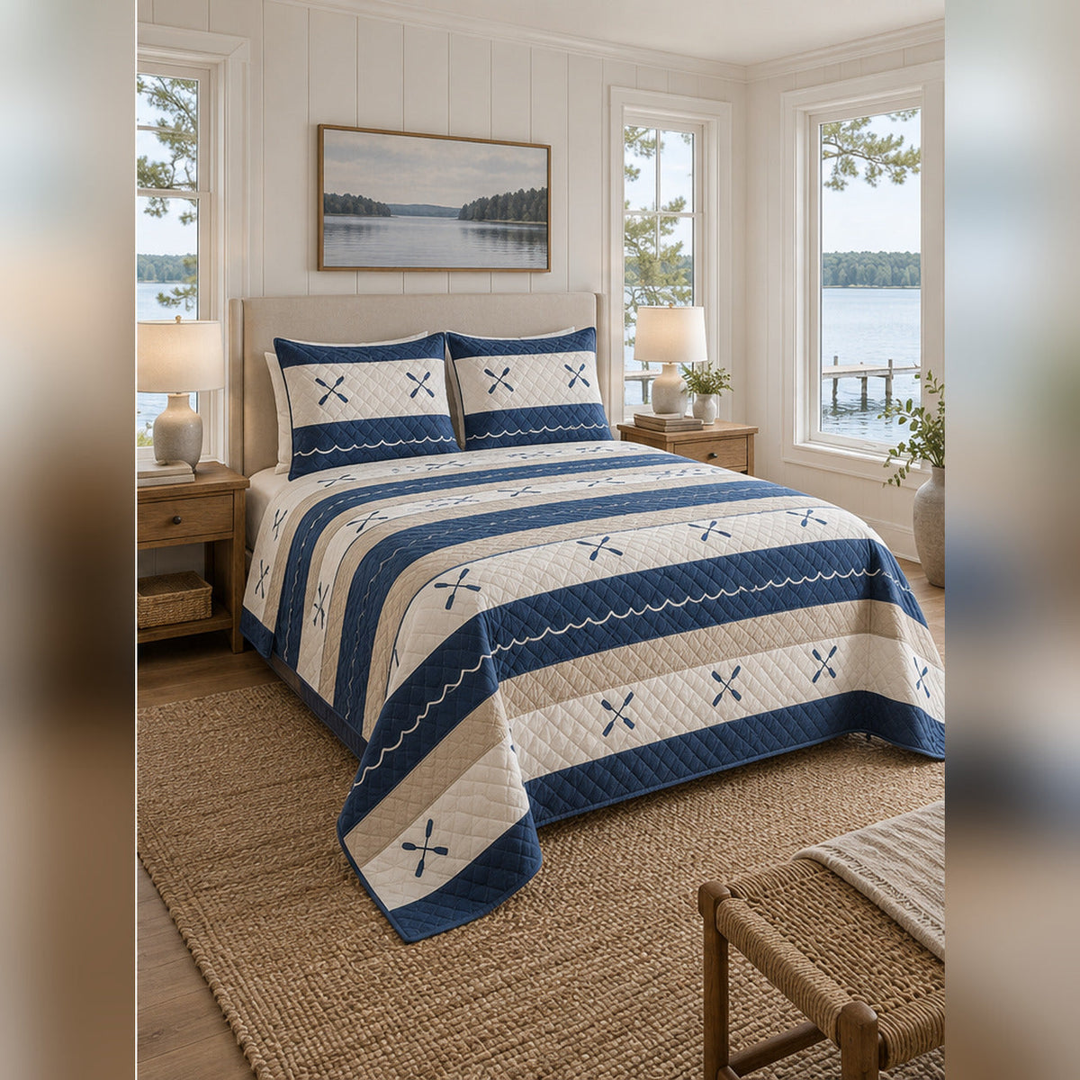 Navy Stripe and Paddle Lake House Quilt Set, angled lake house bedroom bedroom view