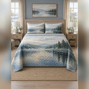 Watercolor Misty Lake Quilt Set, front lake house bedroom bedroom view