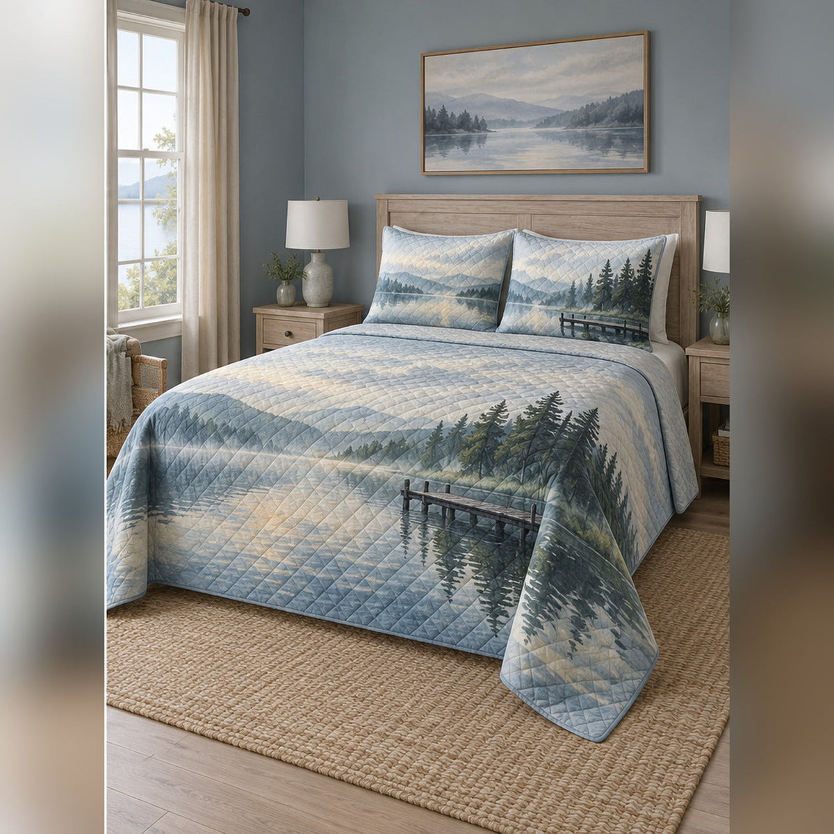 Watercolor Misty Lake Quilt Set, angled lake house bedroom bedroom view