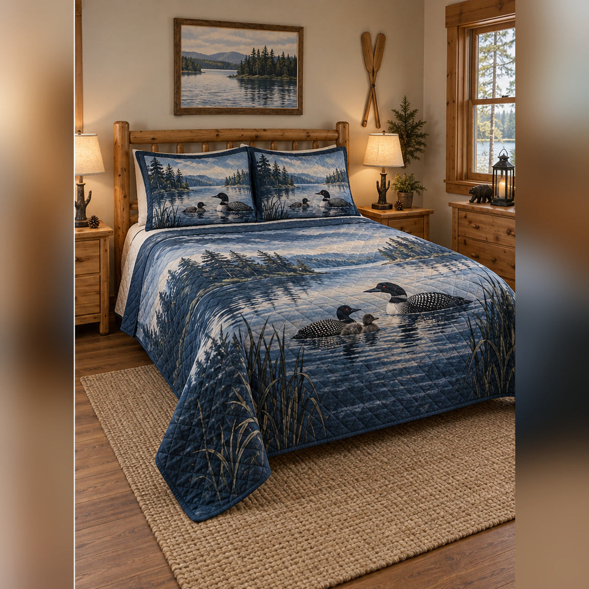 Loon Family Lake House Quilt Set, angled lake house bedroom bedroom view