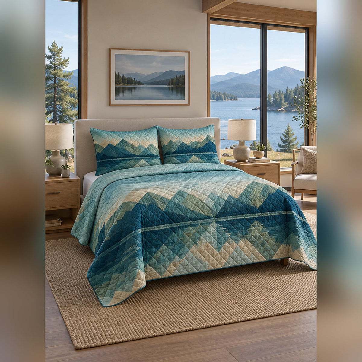 Lake Reflection Geometric Quilt Set, angled lake house bedroom bedroom view