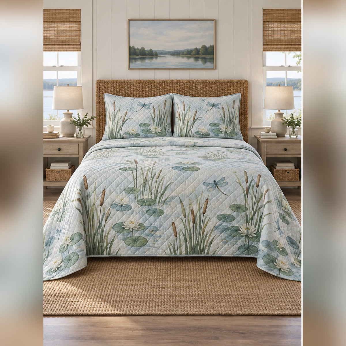 Reed and Dragonfly Lake Quilt Set, front lake house bedroom bedroom view