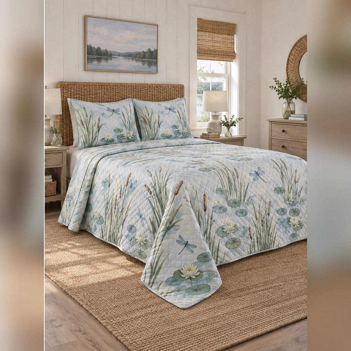 Reed and Dragonfly Lake Quilt Set, angled lake house bedroom bedroom view