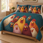 Funny Colorful Chicken Farmhouse Quilt Set: angled bedroom view showing the quilt artwork and coordinating shams