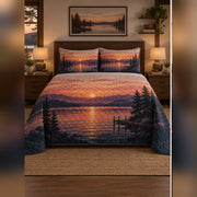 Sunset Lake Reflection Quilt Set, front lake house bedroom bedroom view