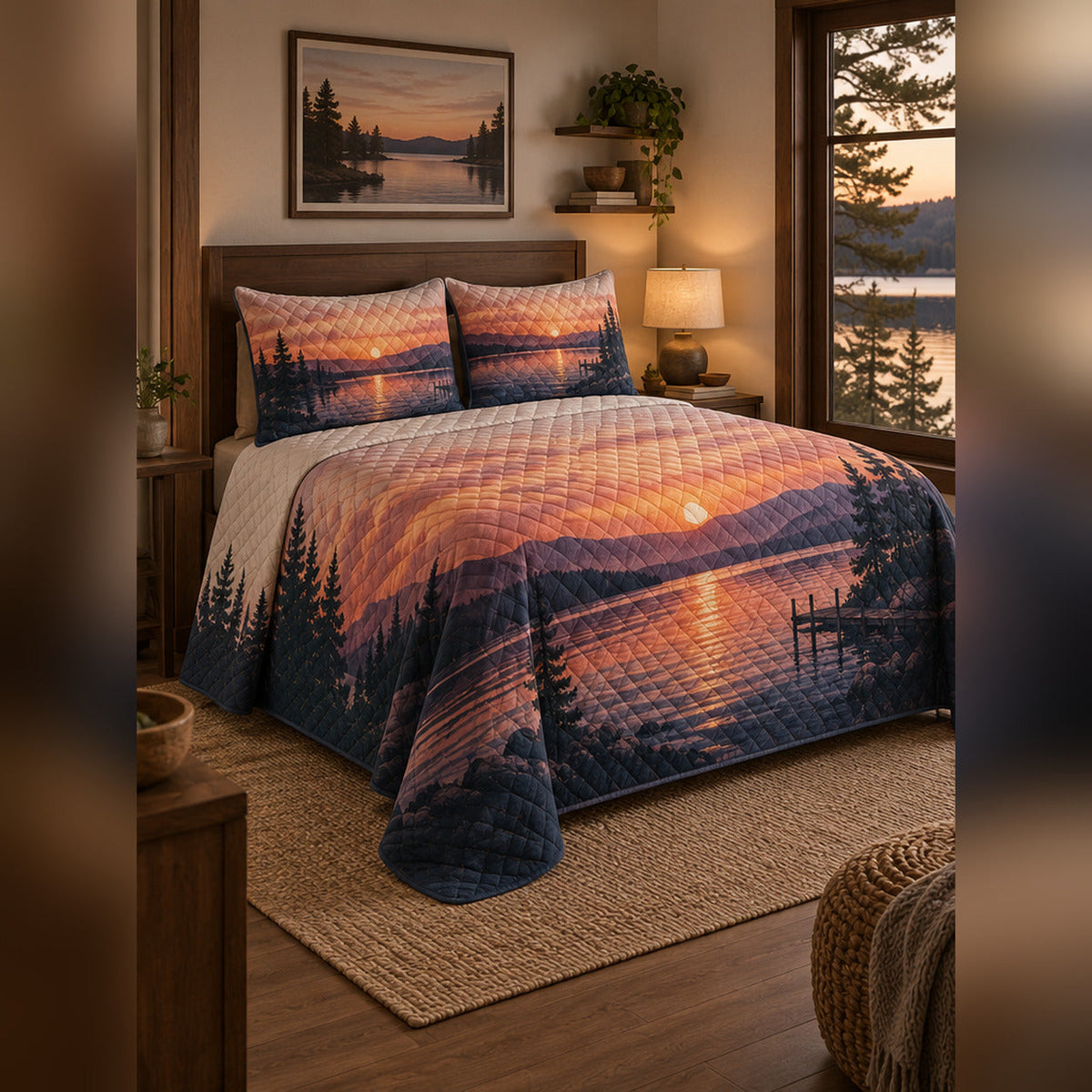Sunset Lake Reflection Quilt Set, angled lake house bedroom bedroom view
