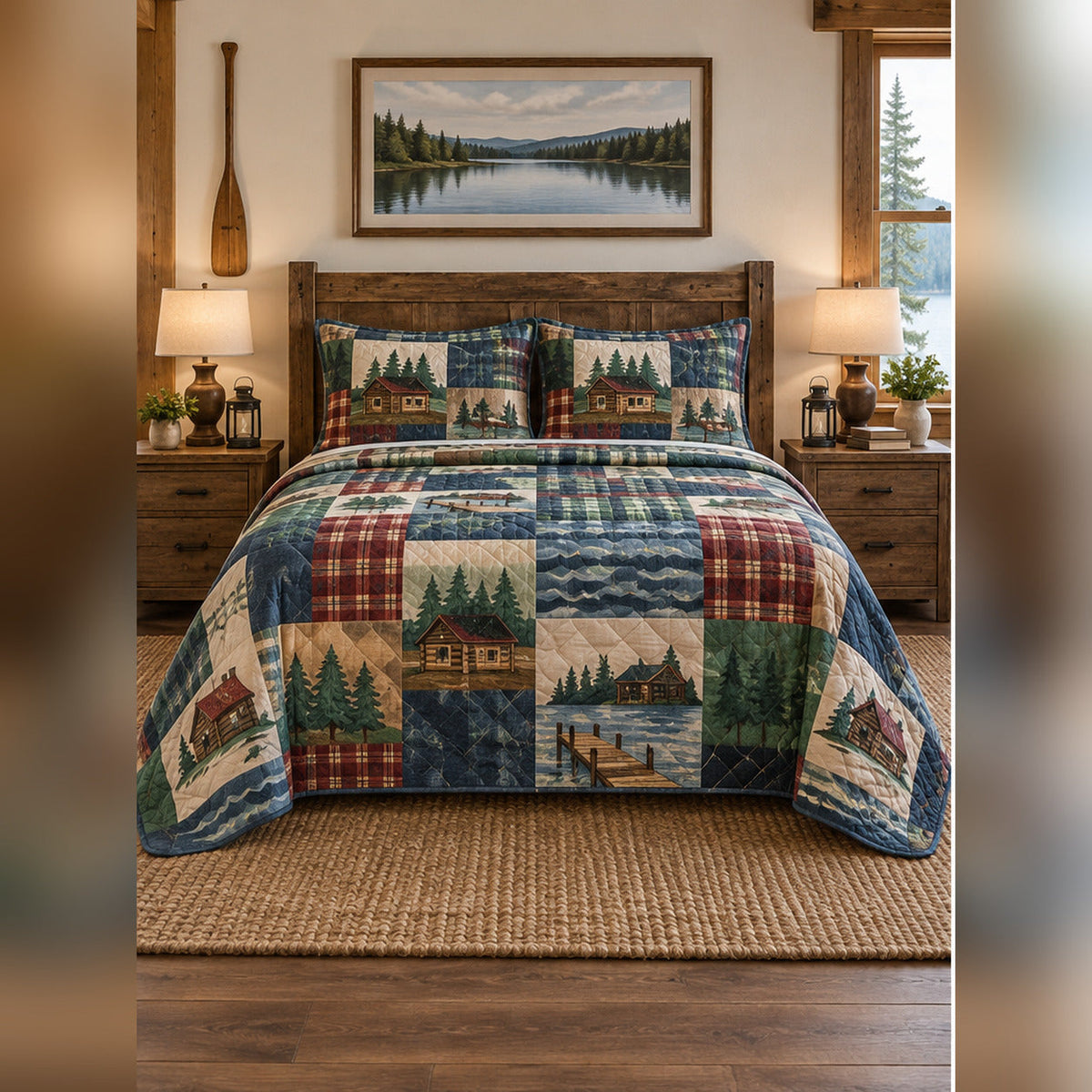 Lake Cabin Patchwork Print Quilt Set, front lake house bedroom bedroom view