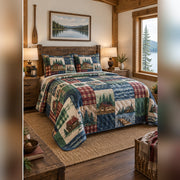 Lake Cabin Patchwork Print Quilt Set, angled lake house bedroom bedroom view