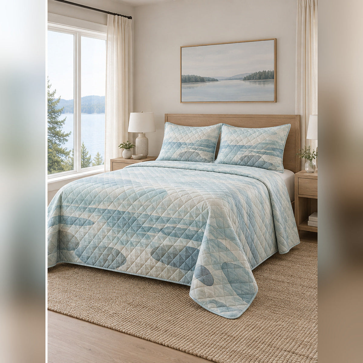Sea Glass Minimalist Lake Quilt Set, angled lake house bedroom bedroom view