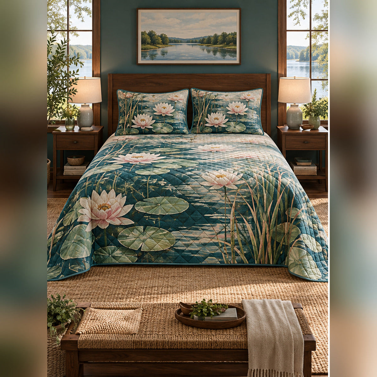 Water Lily Botanical Lake Quilt Set, front lake house bedroom bedroom view