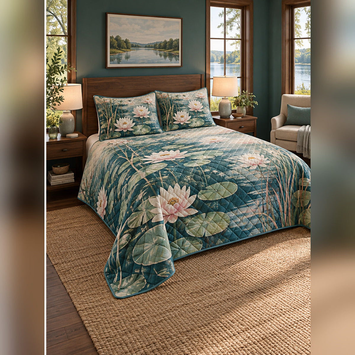 Water Lily Botanical Lake Quilt Set, angled lake house bedroom bedroom view
