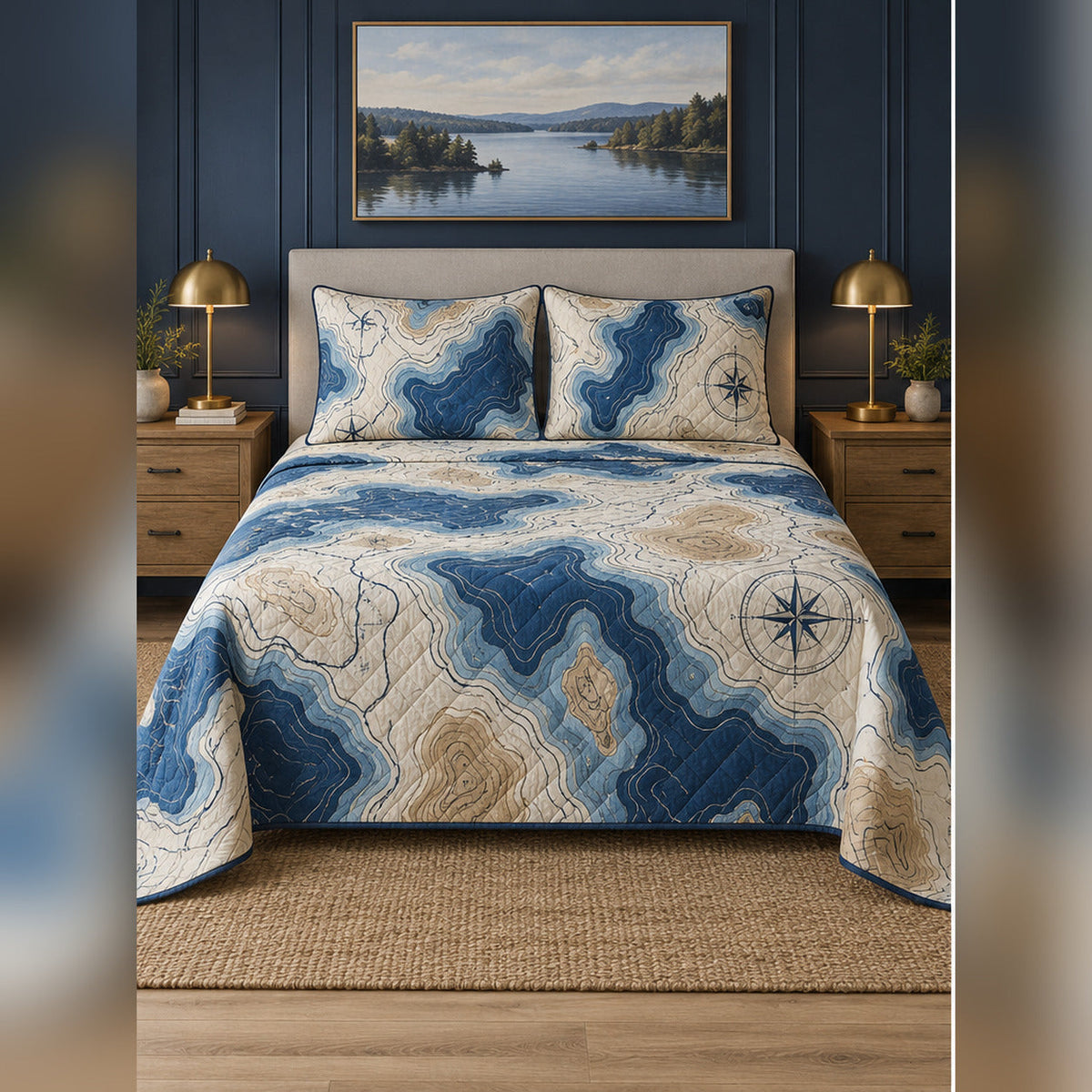 Topographic Lake Contour Quilt Set, front lake house bedroom bedroom view