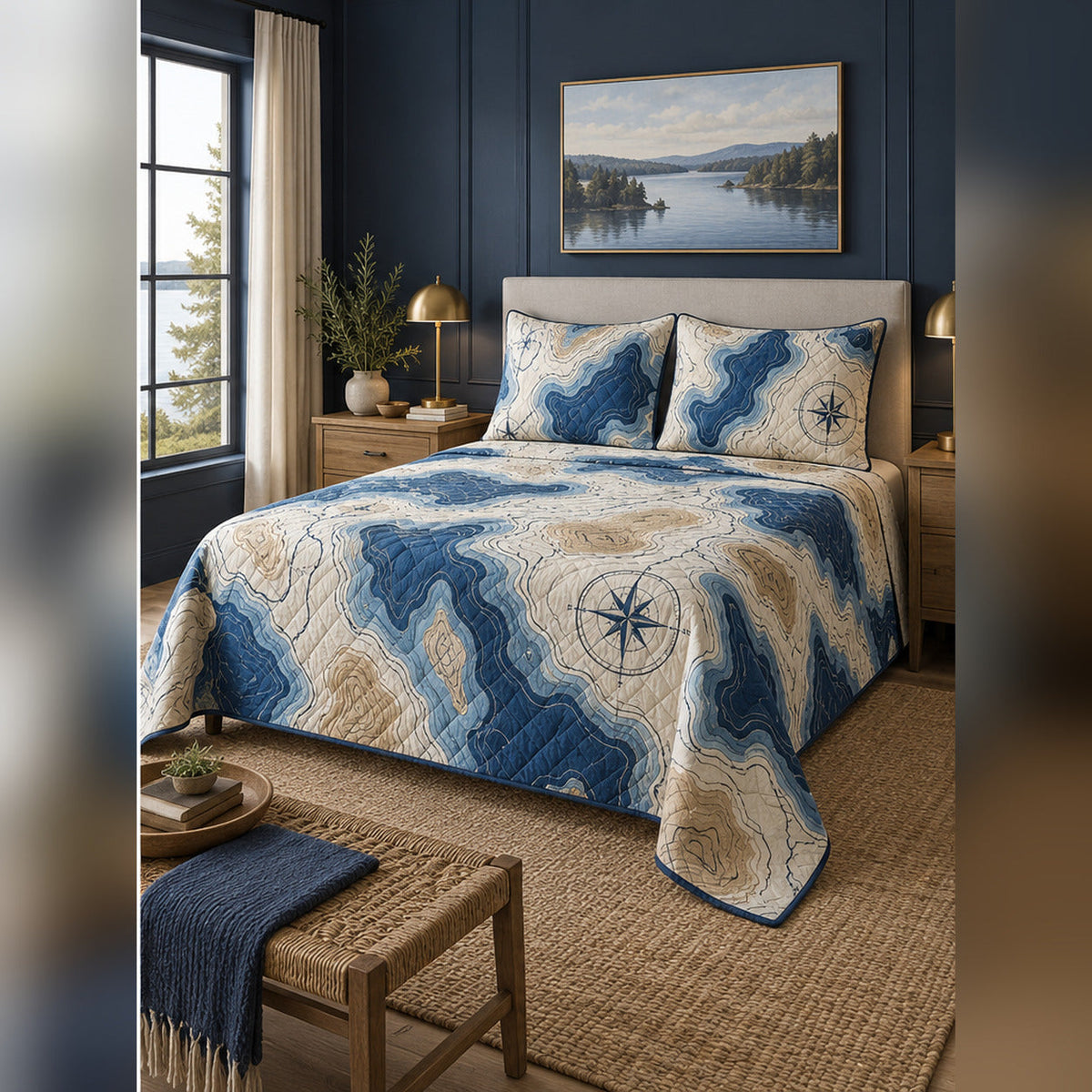 Topographic Lake Contour Quilt Set, angled lake house bedroom bedroom view