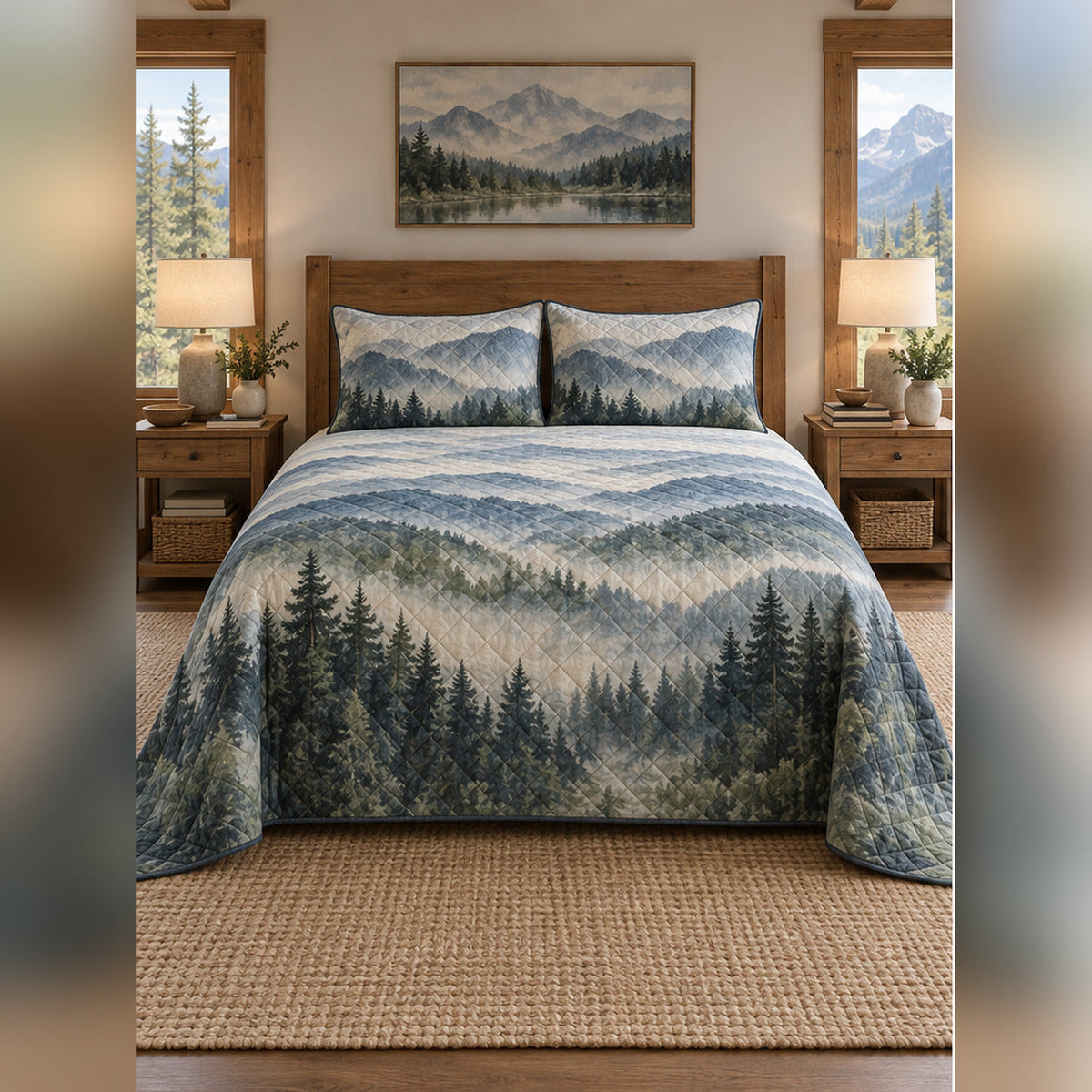 Misty Mountain Watercolor Quilt Set, front mountain cabin bedroom bedroom view