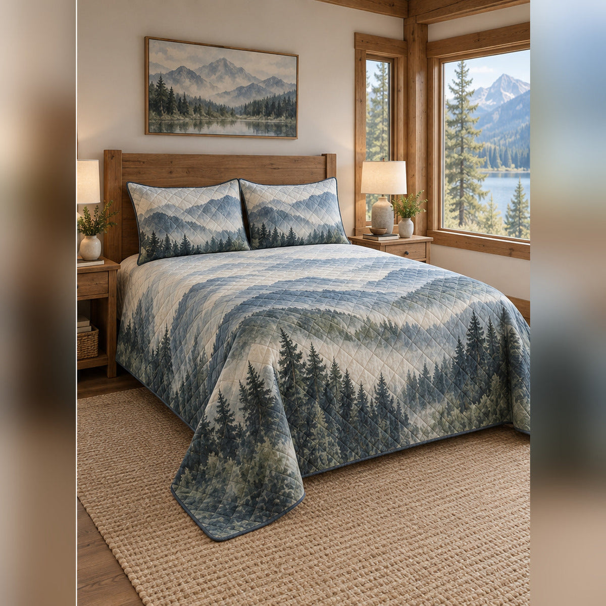 Misty Mountain Watercolor Quilt Set, angled mountain cabin bedroom bedroom view