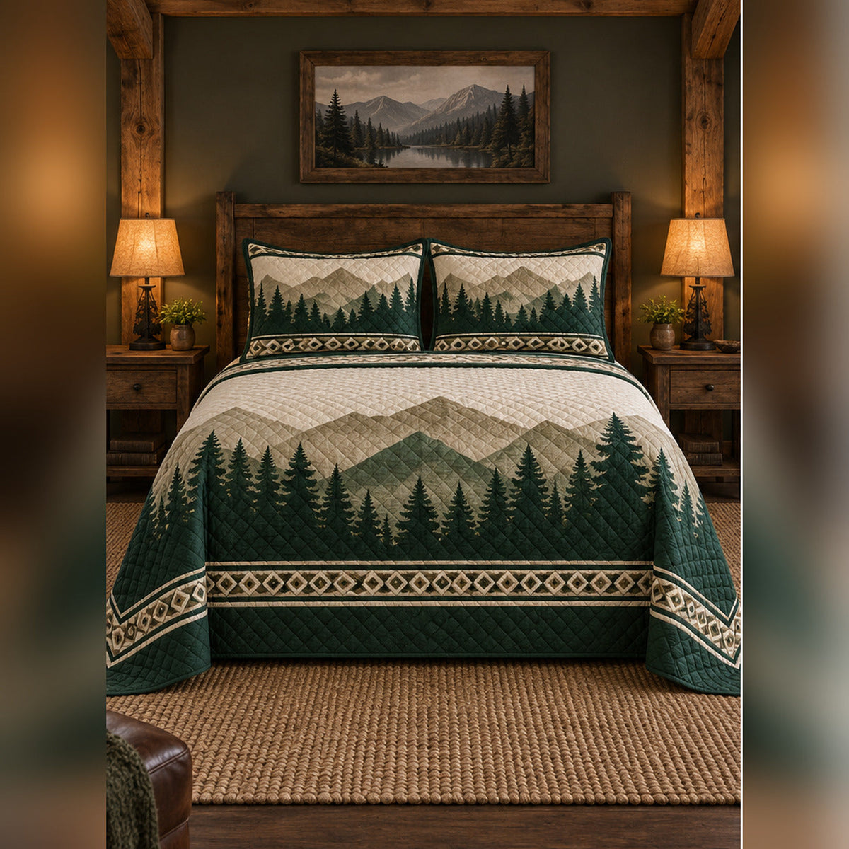 Forest Green Mountain Silhouette Quilt Set, front mountain cabin bedroom bedroom view