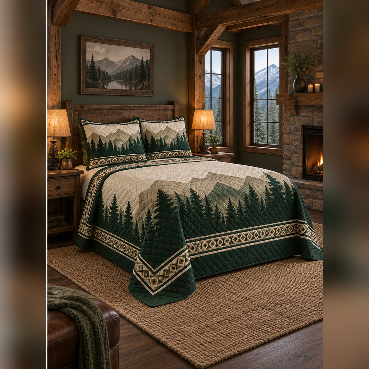 Forest Green Mountain Silhouette Quilt Set, angled mountain cabin bedroom bedroom view