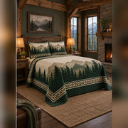 Forest Green Mountain Silhouette Quilt Set, angled mountain cabin bedroom bedroom view
