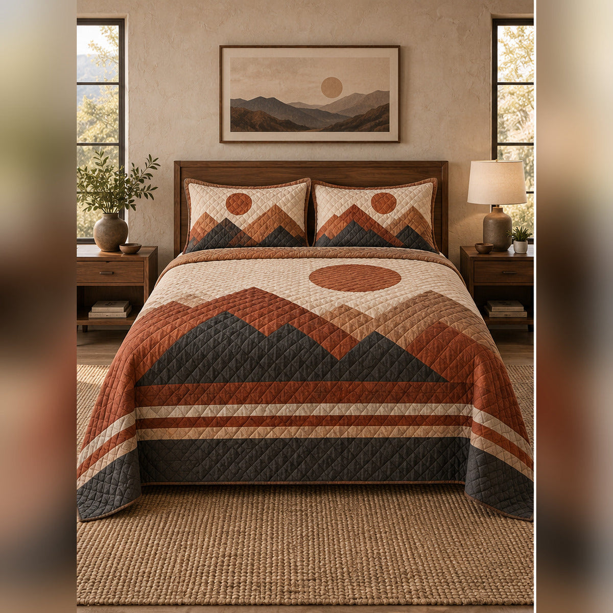 Rust Modern Mountain Geometric Quilt Set, front mountain cabin bedroom bedroom view
