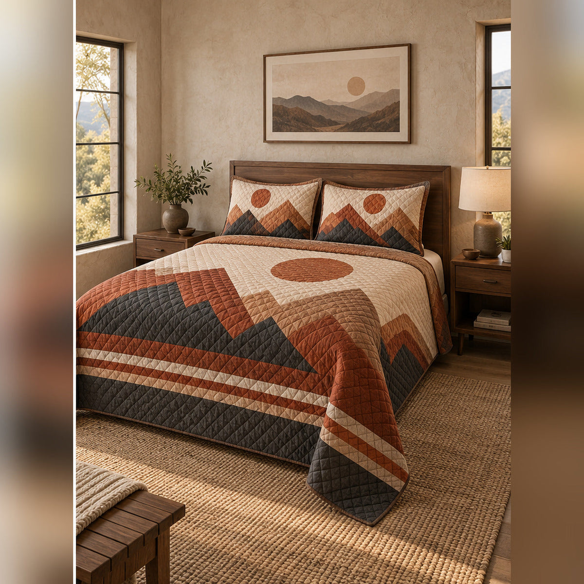 Rust Modern Mountain Geometric Quilt Set, angled mountain cabin bedroom bedroom view