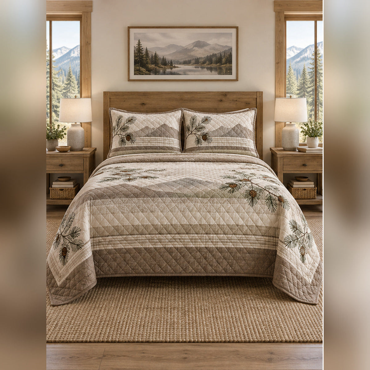 Warm Neutral Pine Cabin Quilt Set, front mountain cabin bedroom bedroom view