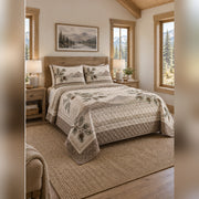 Warm Neutral Pine Cabin Quilt Set, angled mountain cabin bedroom bedroom view