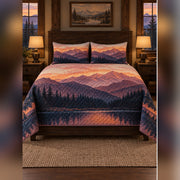 Alpenglow Mountain Sunset Quilt Set, front mountain cabin bedroom bedroom view