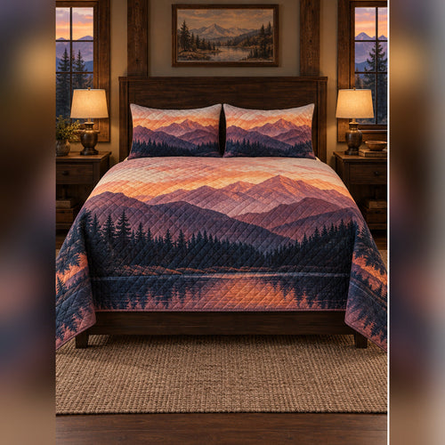 Alpenglow Mountain Sunset Quilt Set, front mountain cabin bedroom bedroom view